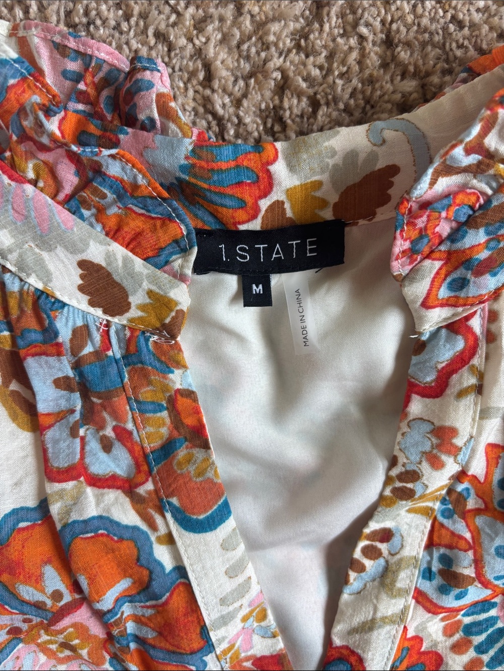 1.STATE Floral Mini Dress in Orange, Blue, Pink and Tan - Picture 2 of 4